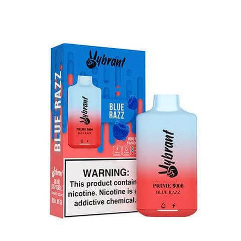 Vybrant Prime 8000 Blue Razz Disposable Vape with warning label and sleek design.