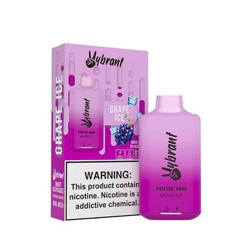 Vybrant Prime 8000 Grape Ice Disposable Vape with warning label and sleek design.