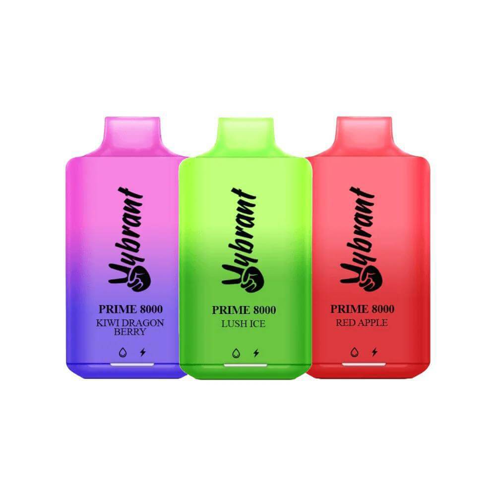 Vybrant Prime 8000 Disposable Vape in Kiwi Dragon Berry, Lush Ice, and Red Apple flavors.