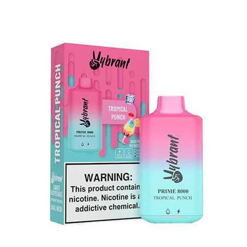 Vybrant Prime 8000 Tropical Punch Disposable Vape with colorful packaging displaying warning label.