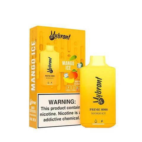 Vybrant Prime 8000 Disposable Vape in Mango Ice flavor with packaging, warning label, offering 8000 puffs.