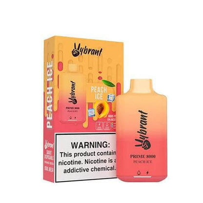 Vybrant Prime 8K Disposable Vape in Peach Ice flavor with packaging, offering 8000 puffs and premium quality.