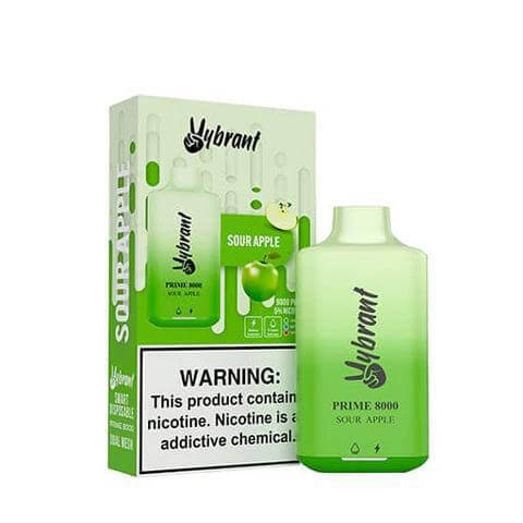 Vybrant Prime 8000 Sour Apple Disposable Vape with box, offering 8000 puffs of premium flavor.
