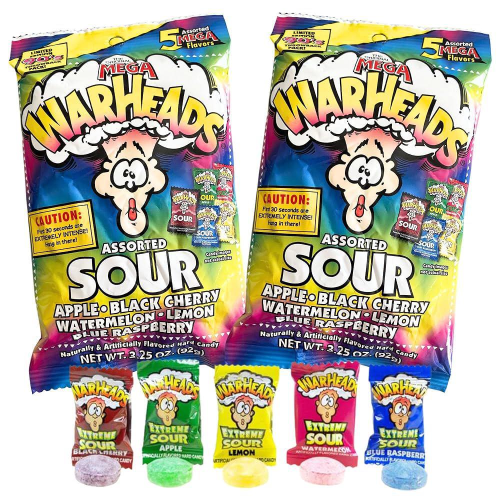 Warheads Assorted Sour Candy 3.25oz featuring Mega packs in assorted flavors like apple and black cherry.