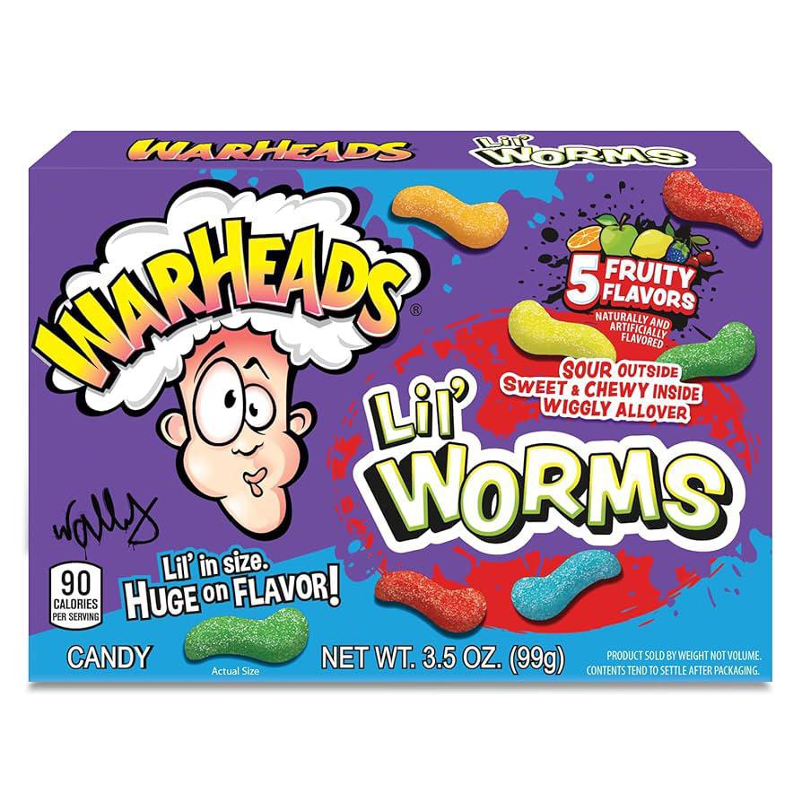 Warheads Lil' Worms candy box featuring vibrant gummy worms and fruity flavors.