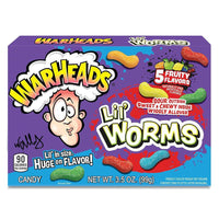 Warheads Lil' Worms candy box featuring vibrant gummy worms and fruity flavors.