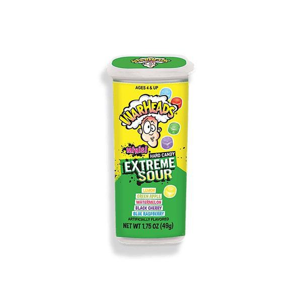 Warheads Minis Extreme Sour Hard Candy in a green and yellow container with assorted flavors listed.