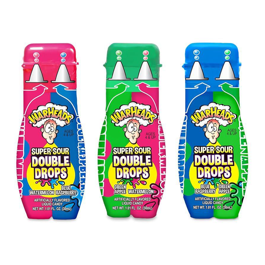 Warheads Super Sour Double Drops liquid candy bottles in various flavors including watermelon, raspberry, and green apple.