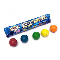 Warheads Super Sour Gumballs candy pack with colorful gumballs in a row.
