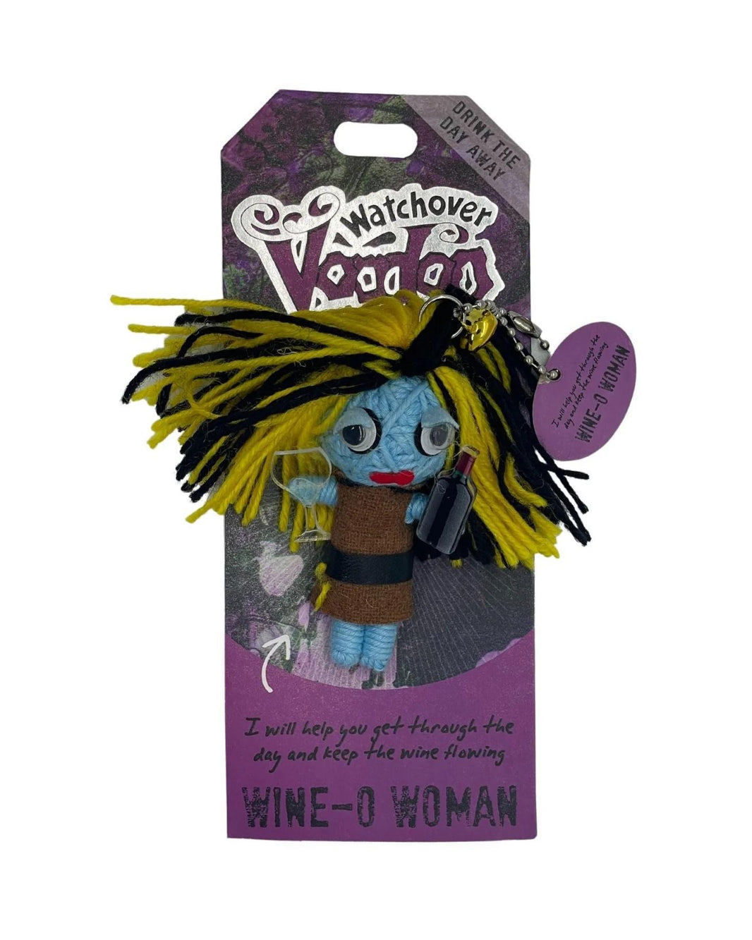 Watchover Voodoo Doll – Wine-O Woman, colorful handmade doll promoting positivity and fun.