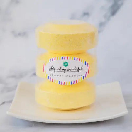 Whipped Up Wonderful Awake Shower Steamie 3pc stacked on a white plate, showcasing vibrant colors and fresh design.