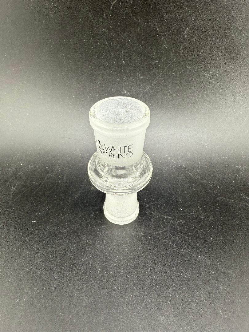 White Rhino Glass Adapter - 18mm Female to 14mm Female, durable glass, reducing adapter for joint compatibility.