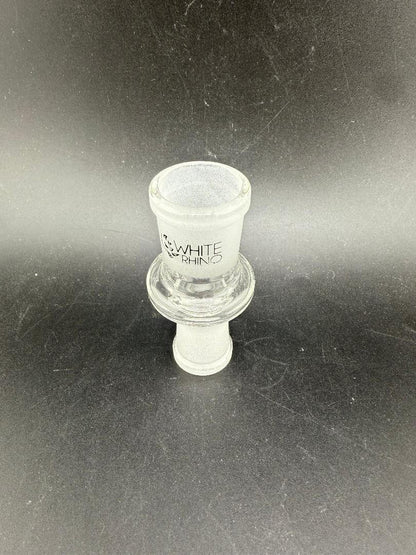 White Rhino Glass Adapter - 18mm Female to 14mm Female, durable glass, reducing adapter for joint compatibility.