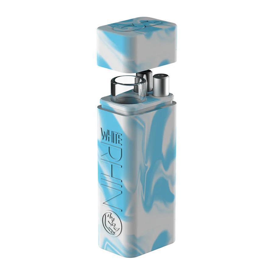 White Rhino Silicone Dugout - Glow In The Dark in blue and white design, compact and portable smoking accessory.