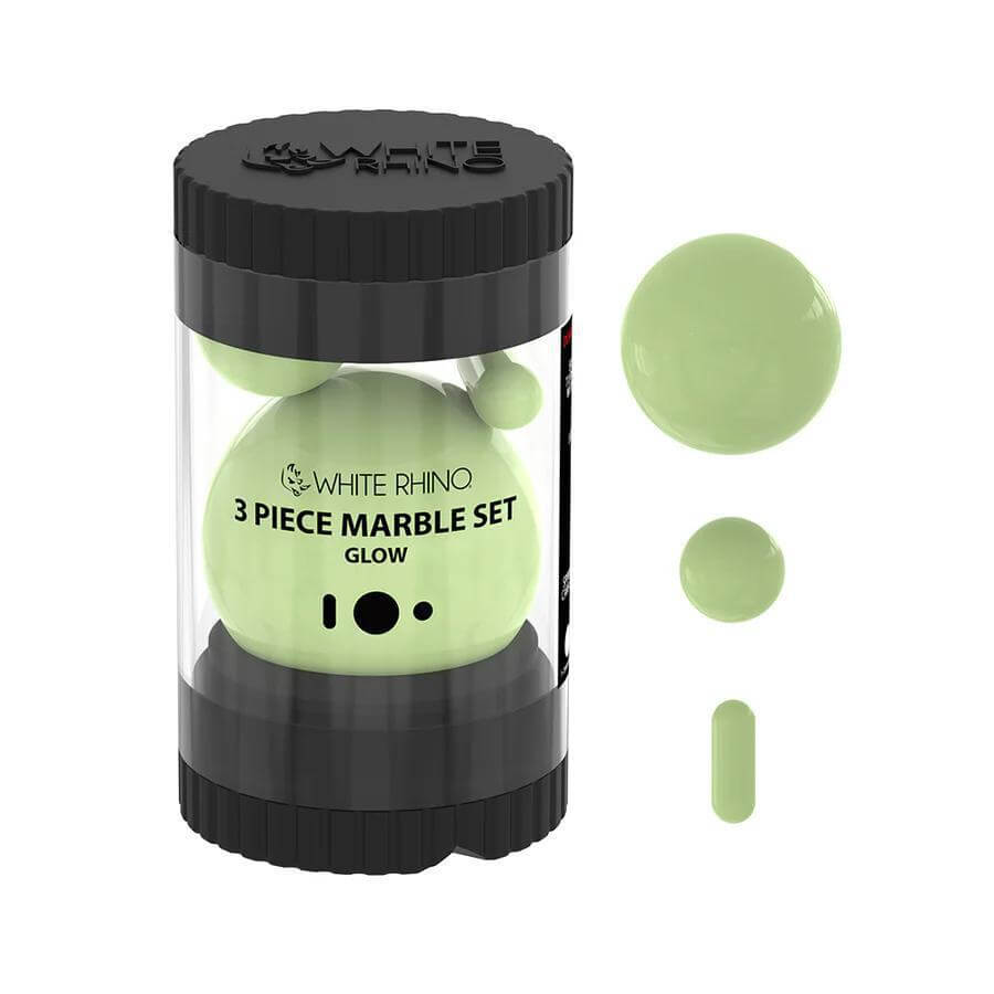 White Rhino Terp Slurper 3-piece Marble Set in glow color, displayed in a clear case with three marbles.