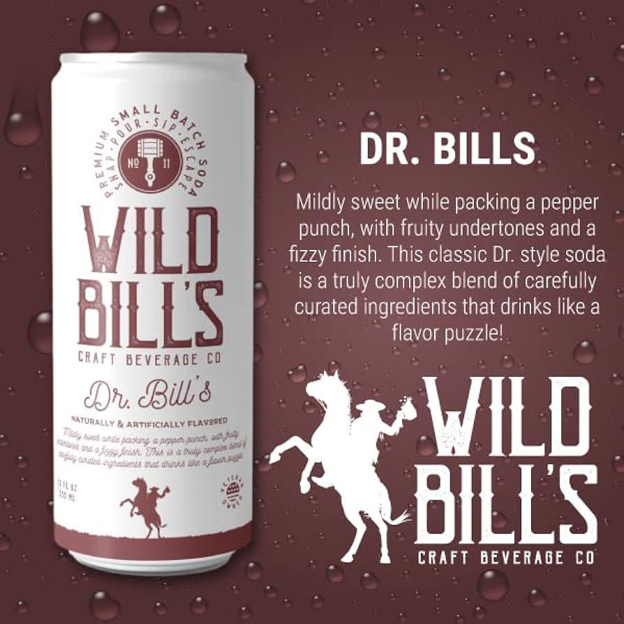 Wild Bill's Soda Dr. Bill's can featuring a blend of sweet and pepper flavors with a classic design.