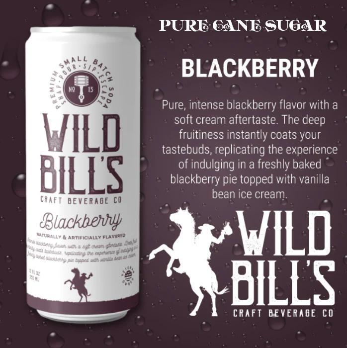 Wild Bill's Soda Blackberry flavor with pure cane sugar, offering a nostalgic taste of handcrafted craft soda.