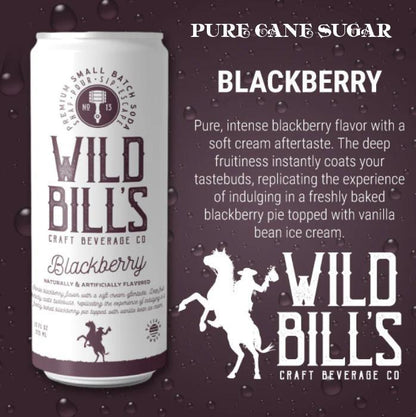 Wild Bill's Soda Blackberry flavor with pure cane sugar, offering a nostalgic taste of handcrafted craft soda.