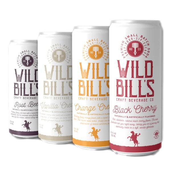 Wild Bill's Soda collection featuring Root Beer, Vanilla Cream, Orange Cream, and Black Cherry flavors in vintage cans.