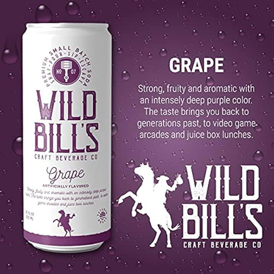 Can of Wild Bill's Soda Grape flavor showcasing vintage design and nostalgic American beverage appeal.