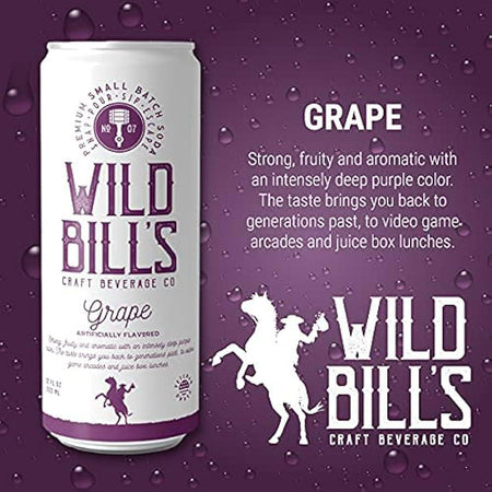Can of Wild Bill's Soda Grape flavor showcasing vintage design and nostalgic American beverage appeal.