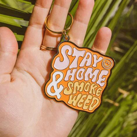 Wild Rose Keychain - Stay Home and Smoke - Enamel keychain with colorful design and gold finish