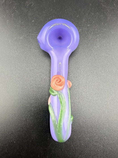 Wildfire Productions Rose Pipe – Handcrafted glass art featuring a vibrant rose design in purple glass.