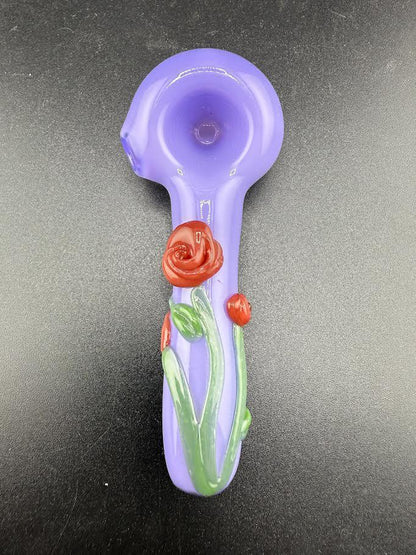 Wildfire Productions Rose Pipe – Handcrafted glass pipe with purple finish and rose design.