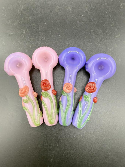 Wildfire Productions Rose Pipe – Handcrafted glass rose pipes in pink and purple with vibrant detailing.