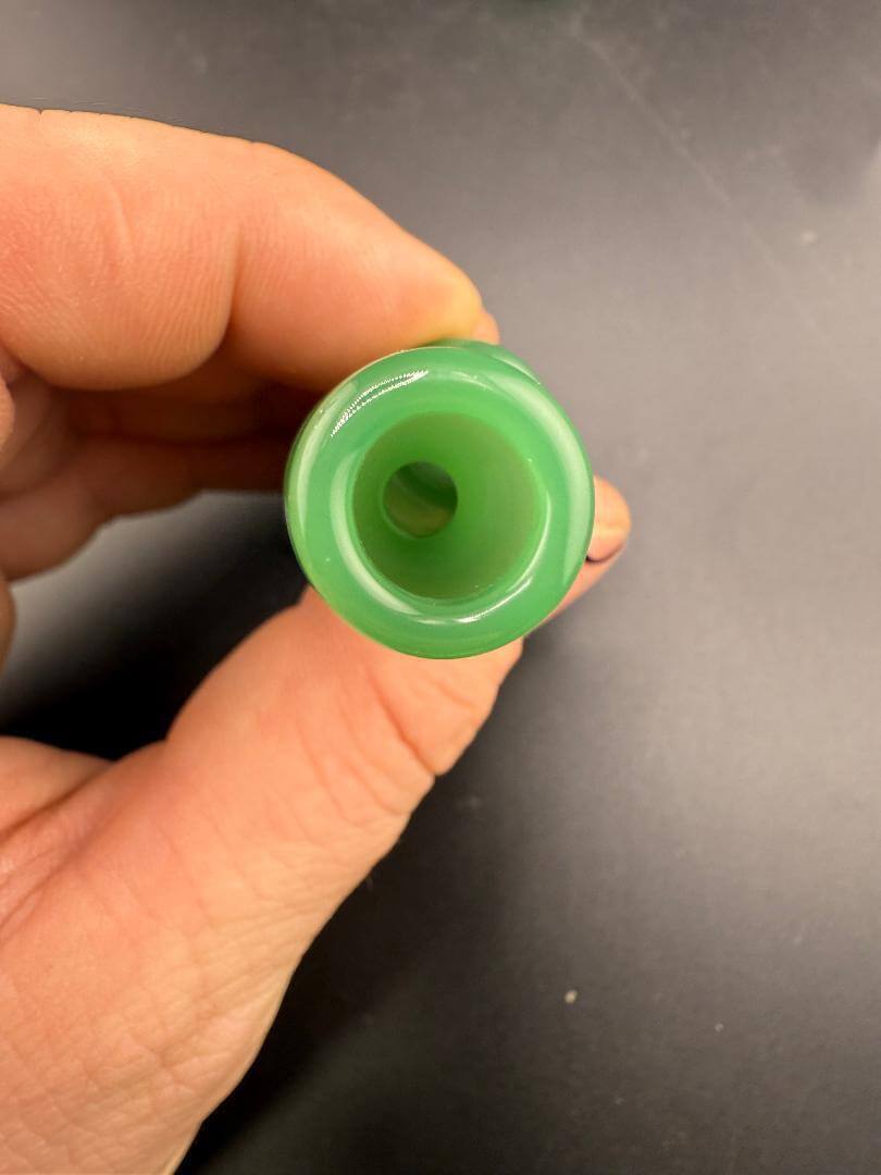 Wildfire Productions Pipe - Green Glow Worm Onie / Chillum viewed from above, showcasing its smooth, green interior.