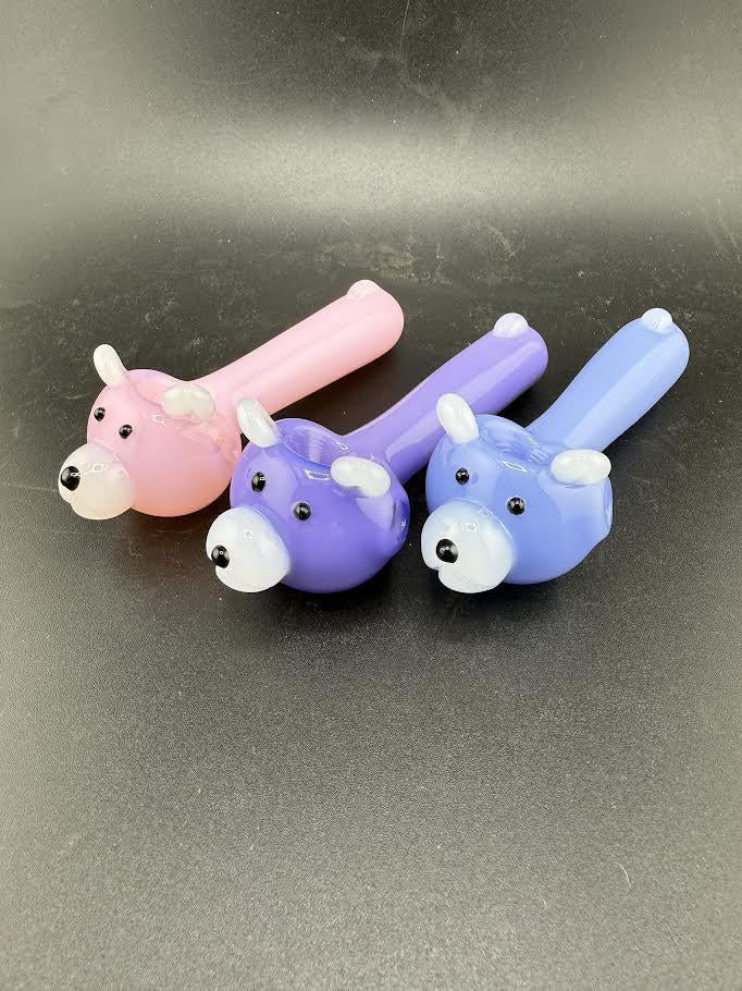 Wildfire Productions Bear Pipes - colorful glass bear pipes in pink and blue, handcrafted mystical designs.