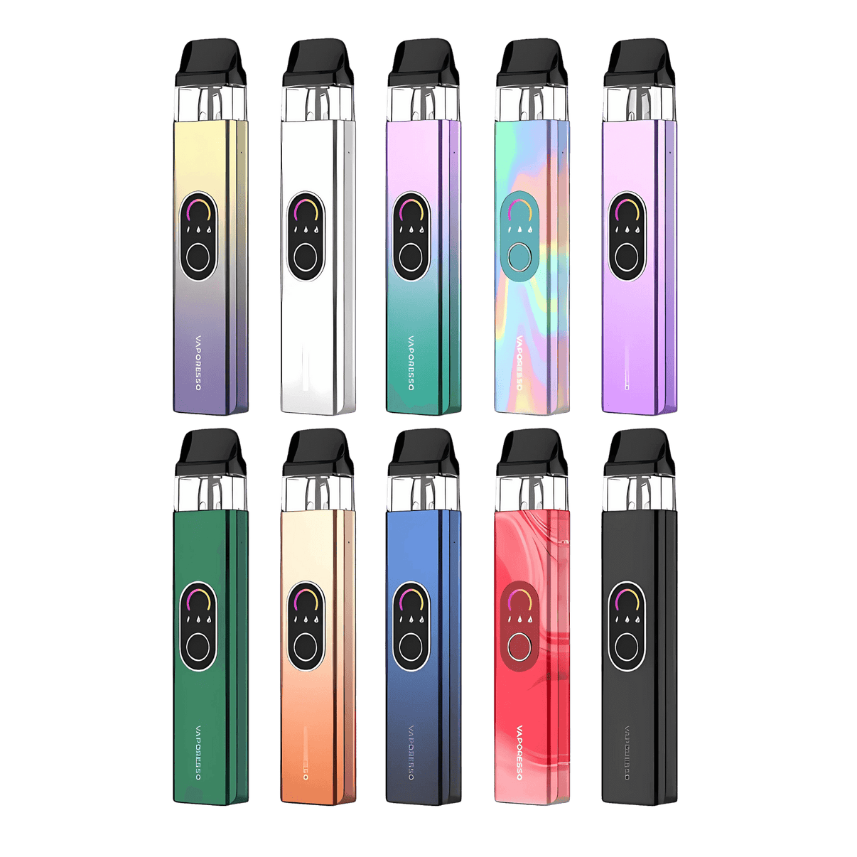 Variety of Vaporesso XROS 4 vape devices in multiple colors and designs, showcasing COREX 2.0 technology and user-friendly features.