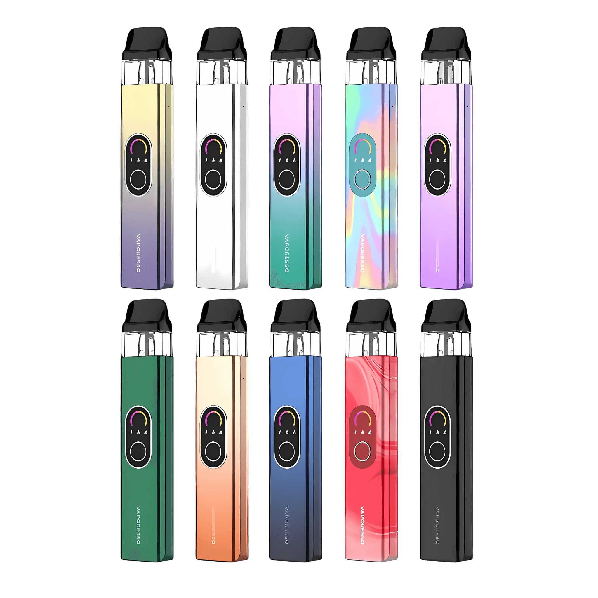 Variety of Vaporesso XROS 4 vape devices in multiple colors and designs, showcasing COREX 2.0 technology and user-friendly features.