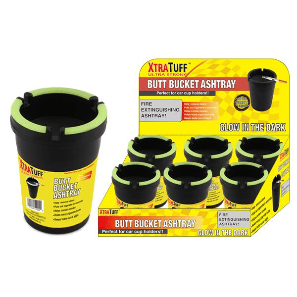 Butt Bucket Ashtray-Glow in the Dark with six durable glow-in-the-dark ashtrays for outdoor use.