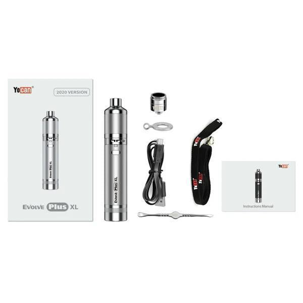 Yocan Evolve Plus XL Vaporizer kit including vaporizer, charger, accessories, and instruction manual.