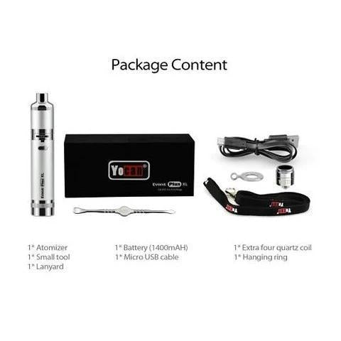 Product contents of Yocan Evolve Plus XL Vaporizer including atomizer, battery, USB cable, and accessories.
