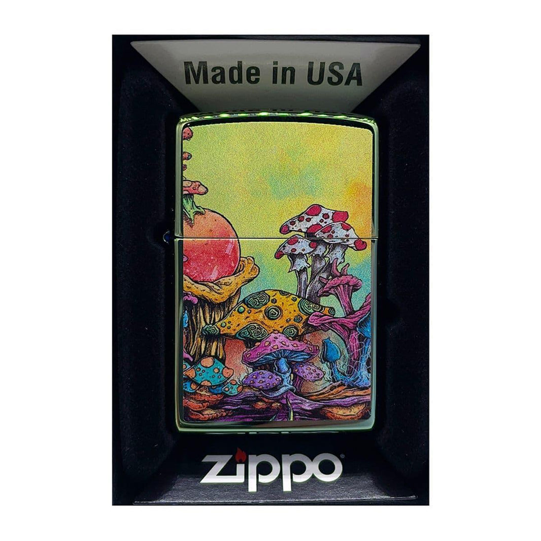 Zippo Lighter x Sean Dietrich Art featuring vibrant mushroom artwork, showcasing creativity and unique design.